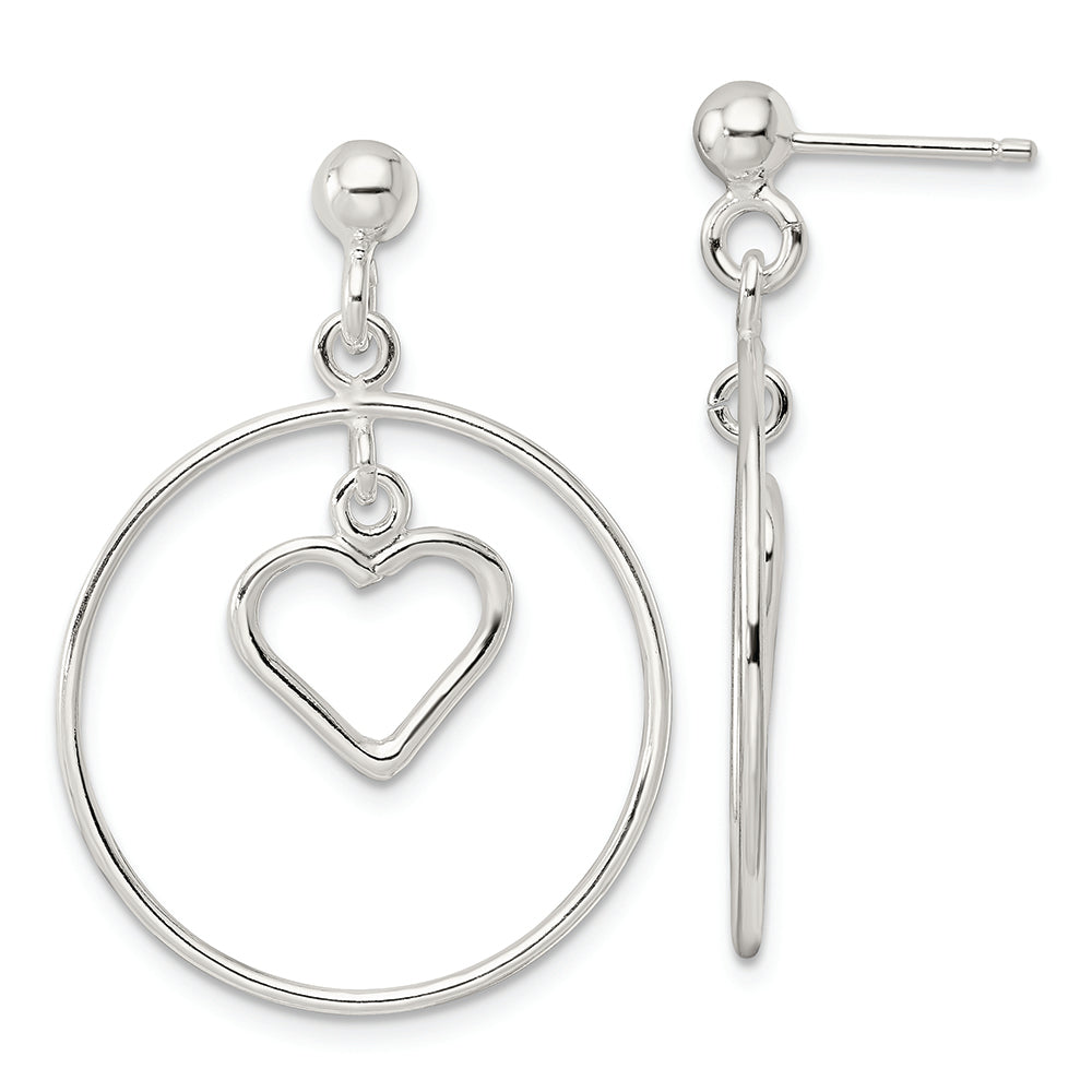 Sterling Silver Polished Circle w/Dangle Heart Post Earrings