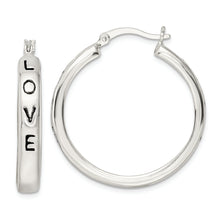 Load image into Gallery viewer, Sterling Silver Polished Black Enamel Love Circle Hoop Earrings
