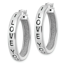 Load image into Gallery viewer, Sterling Silver Rhodium-plated Fabric Glitter I Love You Hoop Earrings
