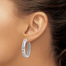 Load image into Gallery viewer, Sterling Silver Rhodium-plated Fabric Glitter I Love You Hoop Earrings
