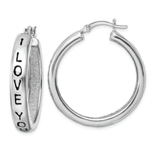 Load image into Gallery viewer, Sterling Silver Rhodium-plated Fabric Glitter I Love You Hoop Earrings
