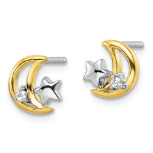 Load image into Gallery viewer, Sterling Silver RH-plated &amp; Gold-plated Star and Moon CZ Post Earrings
