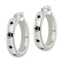 Load image into Gallery viewer, Sterling Silver Polished Black Enamel Star Circle Hoop Earrings
