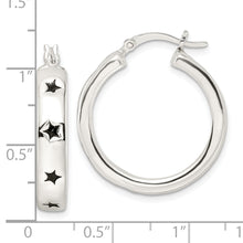 Load image into Gallery viewer, Sterling Silver Polished Black Enamel Star Circle Hoop Earrings
