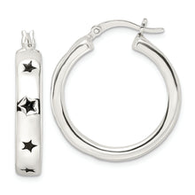 Load image into Gallery viewer, Sterling Silver Polished Black Enamel Star Circle Hoop Earrings
