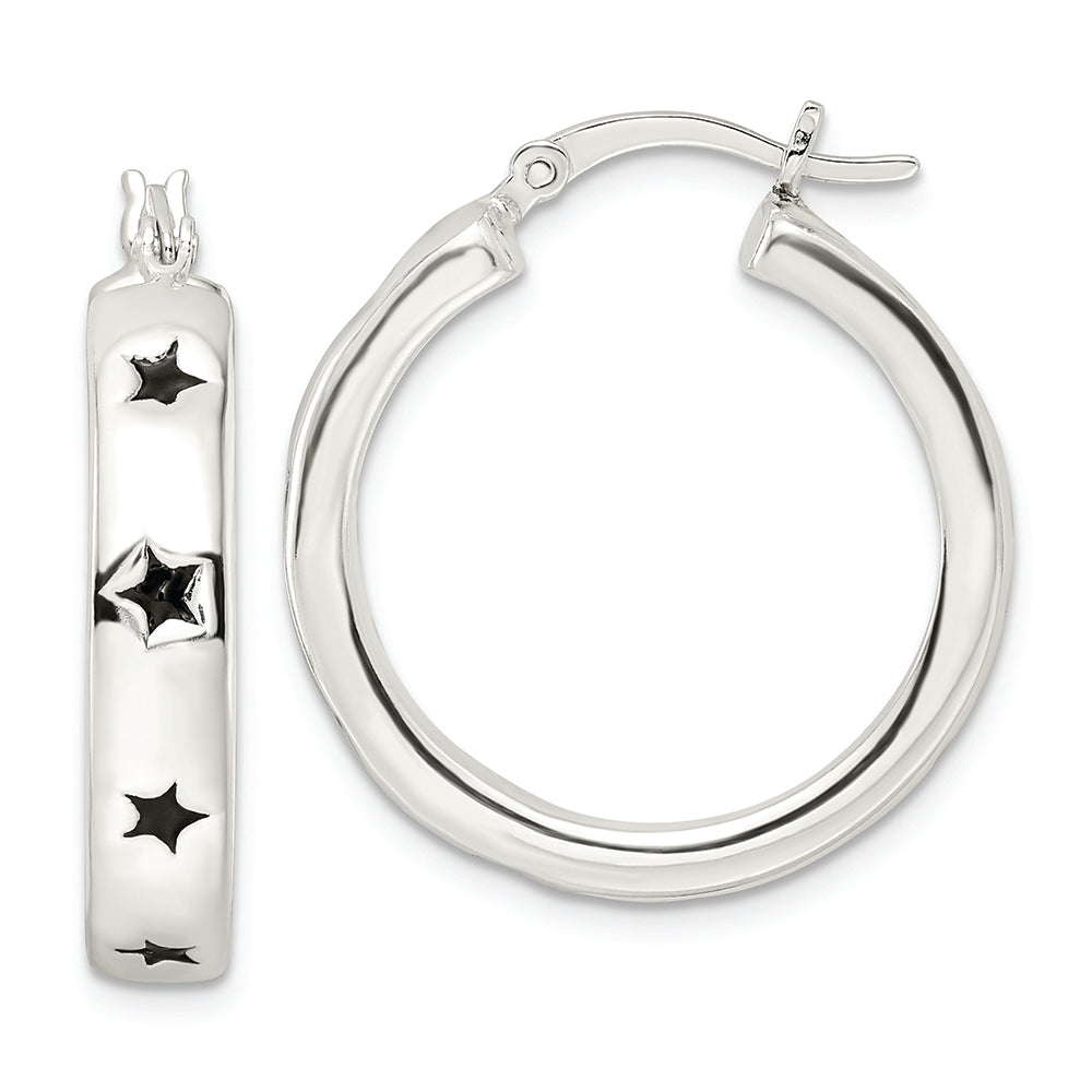 Sterling Silver Polished Black Enamel Star Circle Hoop Earrings