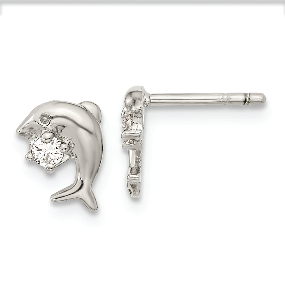 Sterling Silver Rhodium-plated CZ Dolphin Post Earrings