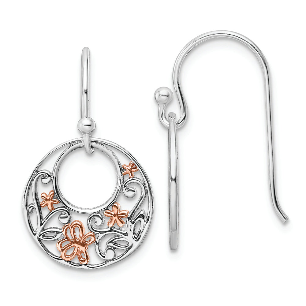 Sterling Silver Rose Rhodium Polished Flowers Dangle Earrings