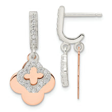 Load image into Gallery viewer, Sterling Silver Rose-tone Quatrefoil CZ Dangle Post Earrings
