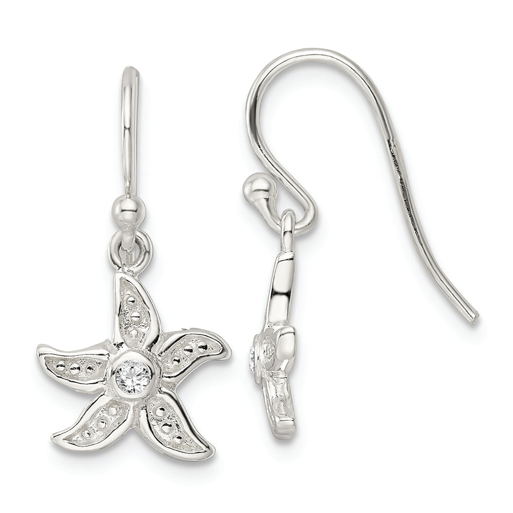 Sterling Silver Textured CZ Center Starfish Shepherd Hook Earrings