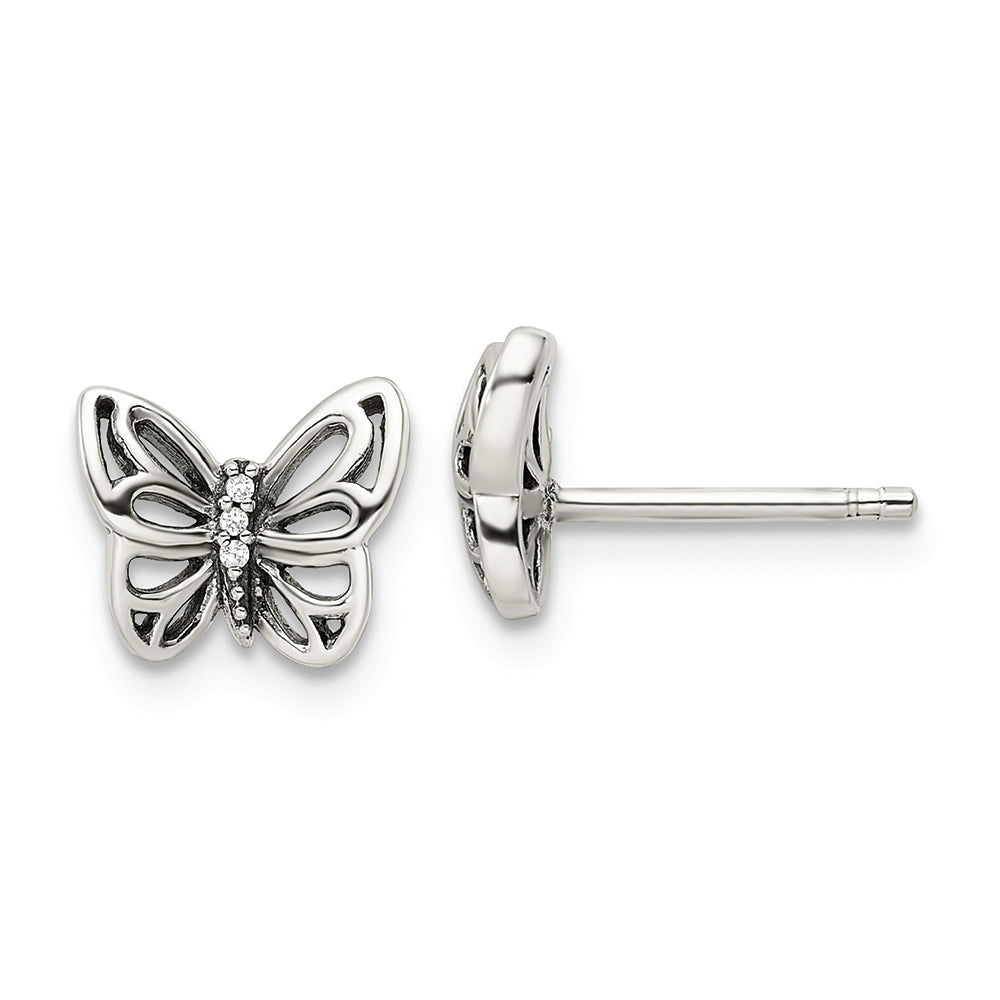 Sterling Silver Antiqued CZ Butterfly Post Earrings