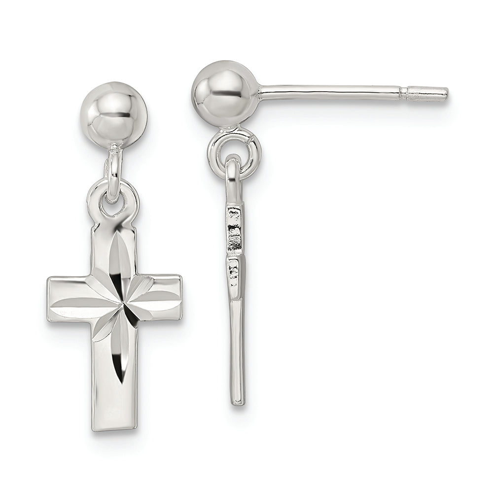 Sterling Silver Polished and D/C Cross Dangle Post Earrings