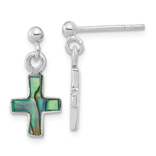 Load image into Gallery viewer, Sterling Silver Rhodium-plated Polished Abalone Cross Dangle Post Earrings
