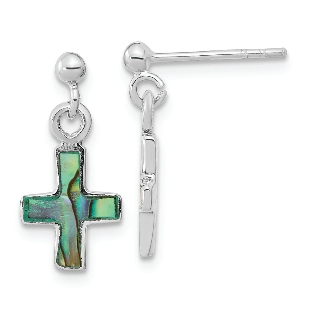 Sterling Silver Rhodium-plated Polished Abalone Cross Dangle Post Earrings