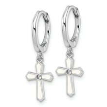 Load image into Gallery viewer, Sterling Silver Rhodium-plated Polished CZ White Enamel Cross Earrings
