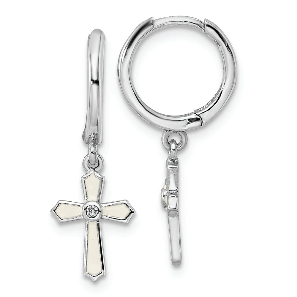 Sterling Silver Rhodium-plated Polished CZ White Enamel Cross Earrings