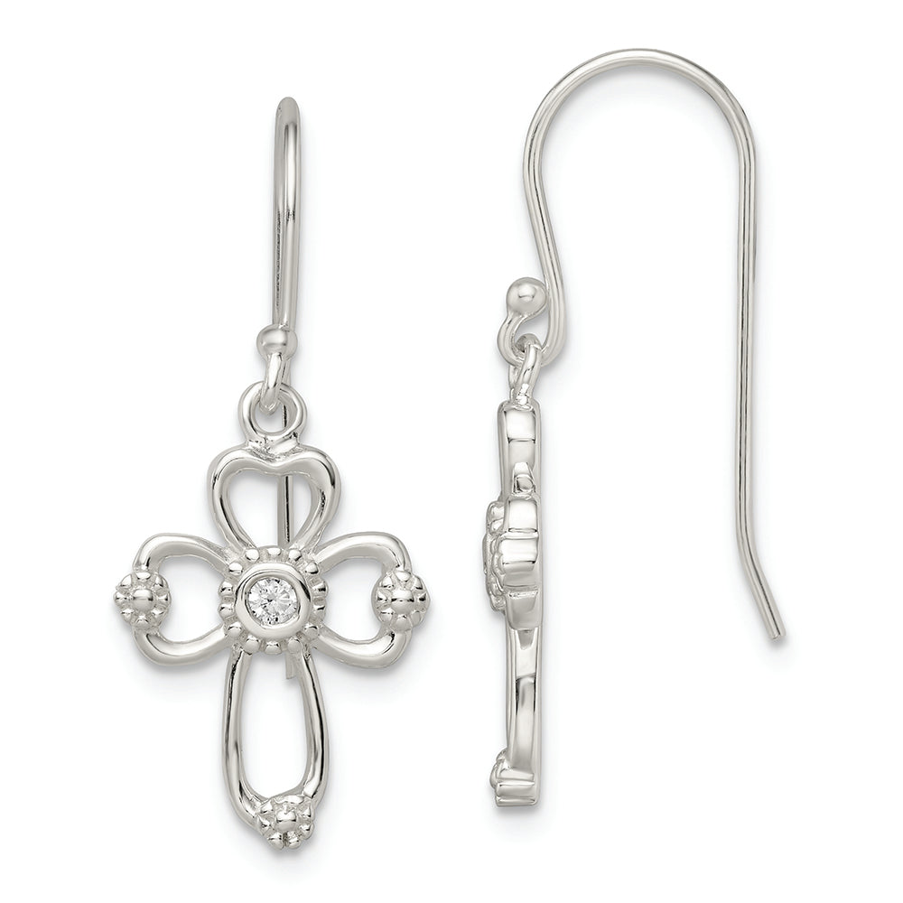 Sterling Silver CZ Cross Shepherd Hook Earrings