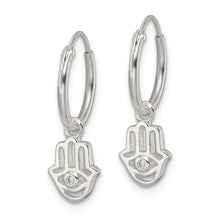 Load image into Gallery viewer, Sterling Silver Polished CZ Dangle Hamsa Endless Hoop Earrings
