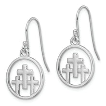 Load image into Gallery viewer, Sterling Silver Rhodium-plated 3 Crosses in Circle Dangle Earrings
