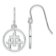 Load image into Gallery viewer, Sterling Silver Rhodium-plated 3 Crosses in Circle Dangle Earrings
