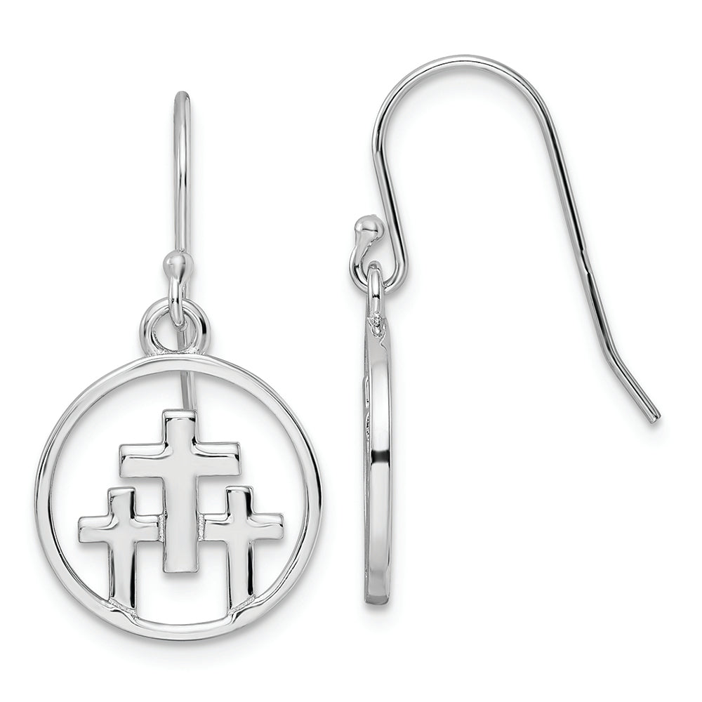 Sterling Silver Rhodium-plated 3 Crosses in Circle Dangle Earrings