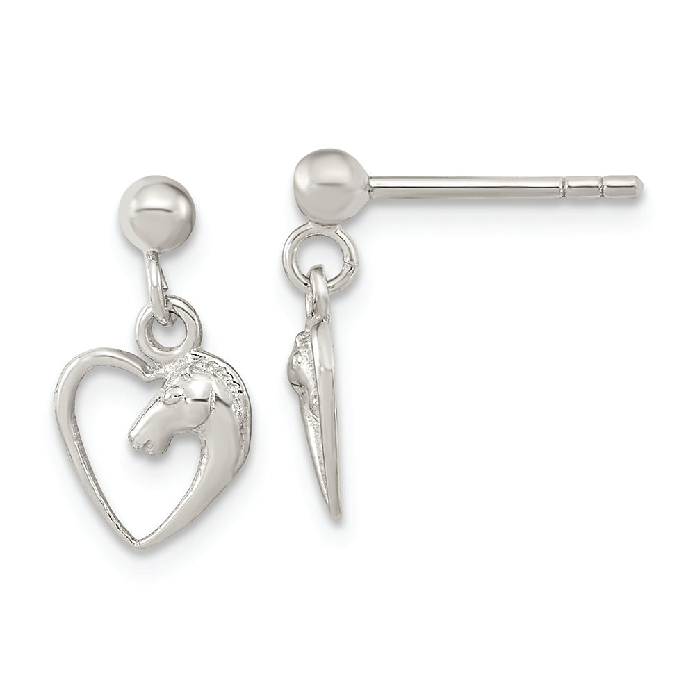 Sterling Silver Open Heart Horse Head Dangle Earrings