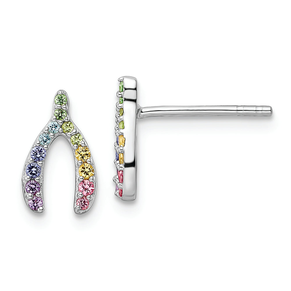 Sterling Silver Rhodium-plated Rainbow Nano Crystal Wishbone Post Earrings