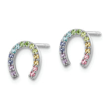 Load image into Gallery viewer, Sterling Silver Rhodium-plated Post Rainbow Nano Crystal Horseshoe Earrings
