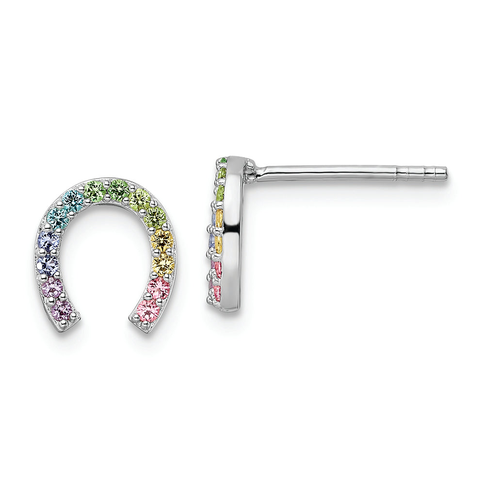 Sterling Silver Rhodium-plated Post Rainbow Nano Crystal Horseshoe Earrings