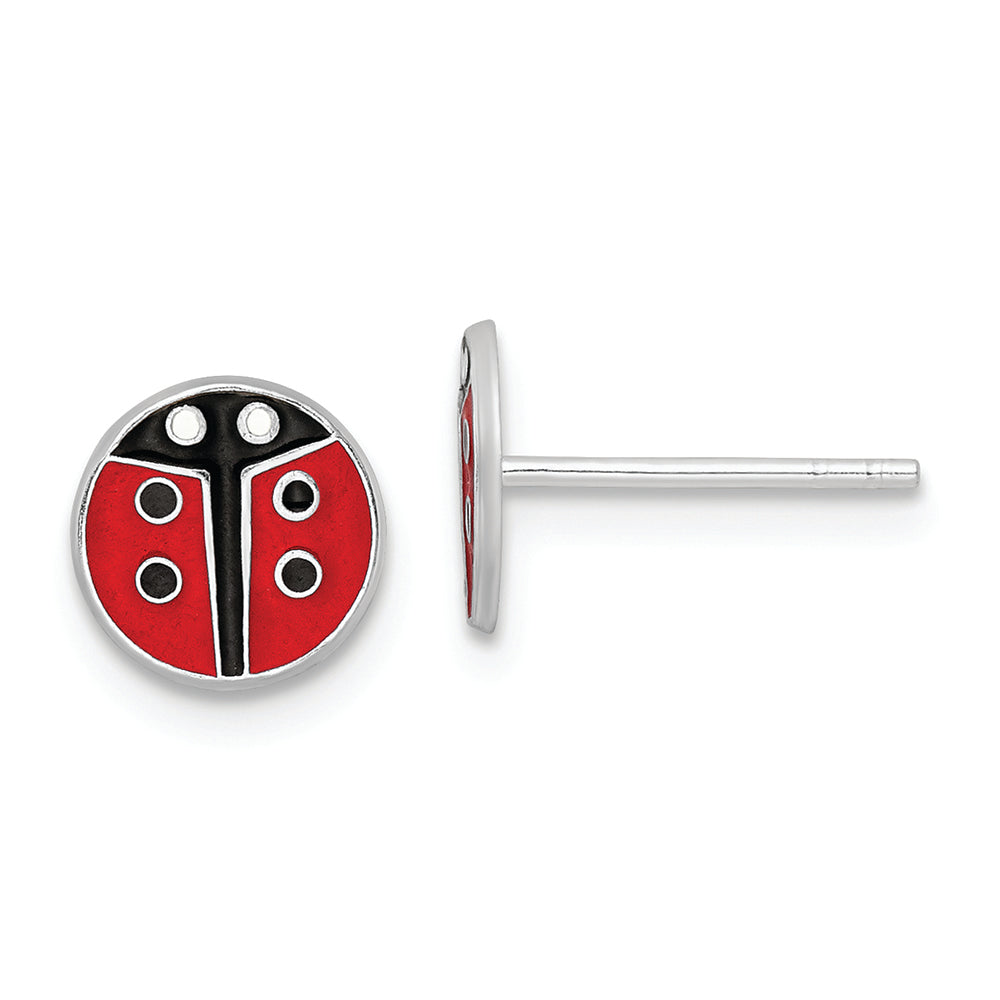 Sterling Silver RH-plated Enamel Kids Lady Bug Post Earrings