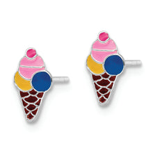 Load image into Gallery viewer, Sterling Silver RH-plated Enamel Kids Ice Cream Cone Post Earrings
