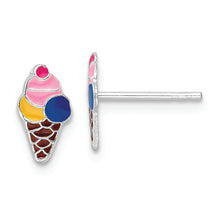 Load image into Gallery viewer, Sterling Silver RH-plated Enamel Kids Ice Cream Cone Post Earrings
