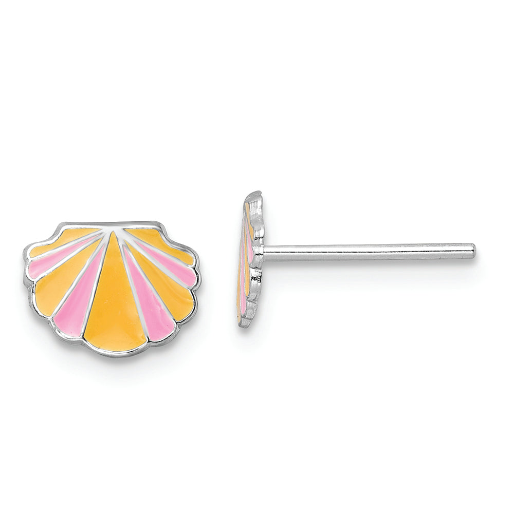 Sterling Silver RH-plated Enamel Kids Shell Post Earrings