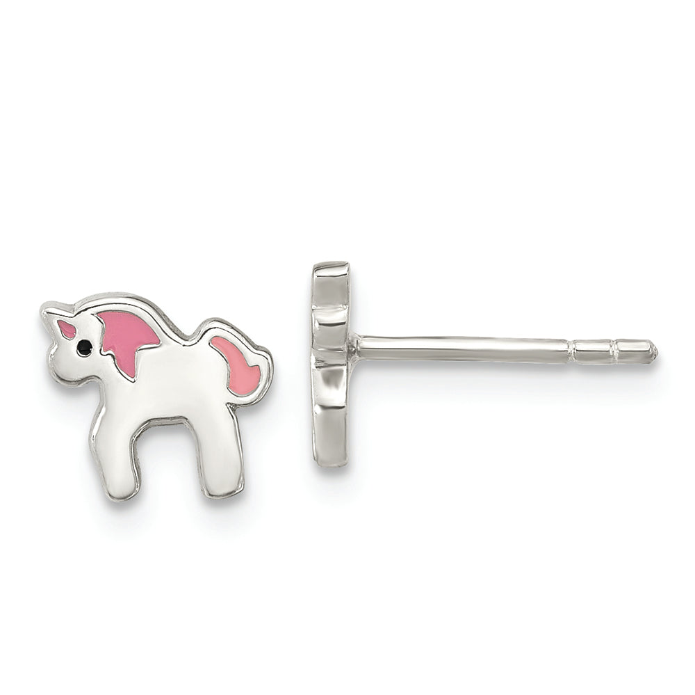 Sterling Silver Pink Enamel  Unicorn Post Earrings