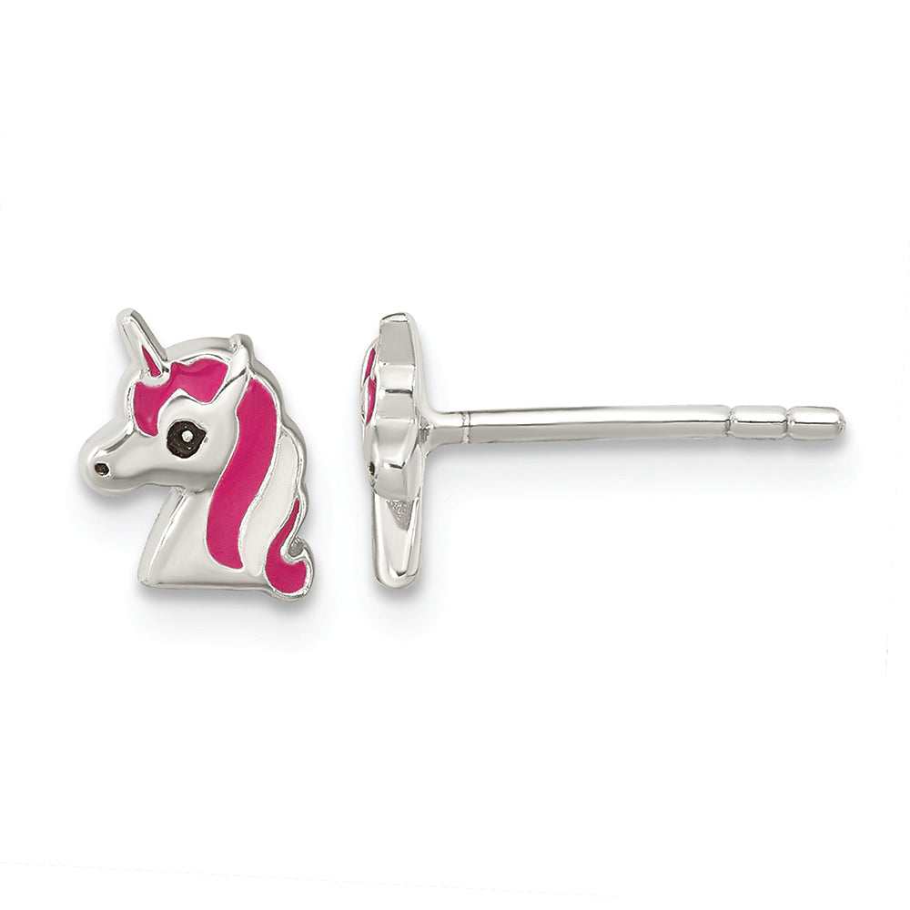 Sterling Silver Pink Enamel Unicorn Head Post Earrings
