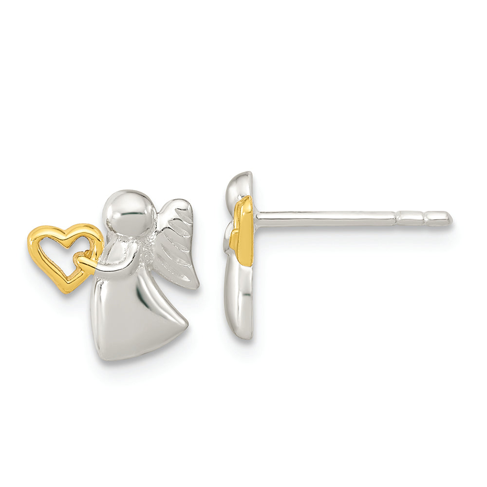 Sterling Silver Angel Gold Tone Heart Polished Post Earrings