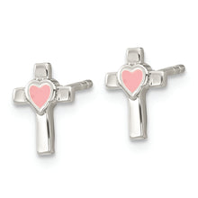 Load image into Gallery viewer, Sterling Silver Cross Pink Enamel Heart Post Earrings
