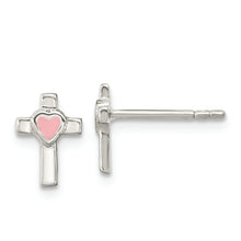 Load image into Gallery viewer, Sterling Silver Cross Pink Enamel Heart Post Earrings
