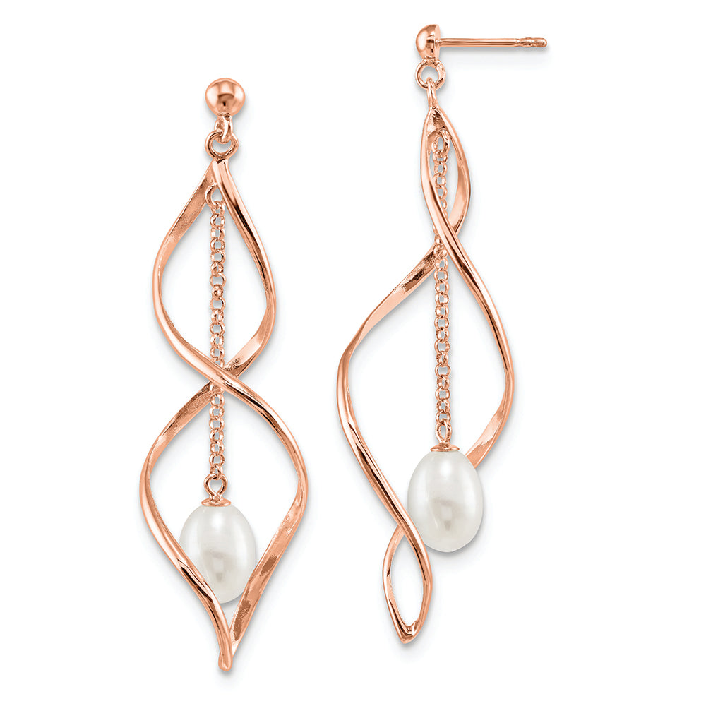 Sterling Silver Rose-tone 7-8mm White Teardrop FWC Pearl Earrings