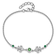 Load image into Gallery viewer, Sterling Silver RH-plated Green &amp; White CZ Fleur de Lis w/1in ext. Bracelet
