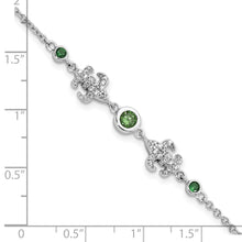 Load image into Gallery viewer, Sterling Silver RH-plated Green &amp; White CZ Fleur de Lis w/1in ext. Bracelet
