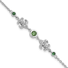 Load image into Gallery viewer, Sterling Silver RH-plated Green &amp; White CZ Fleur de Lis w/1in ext. Bracelet
