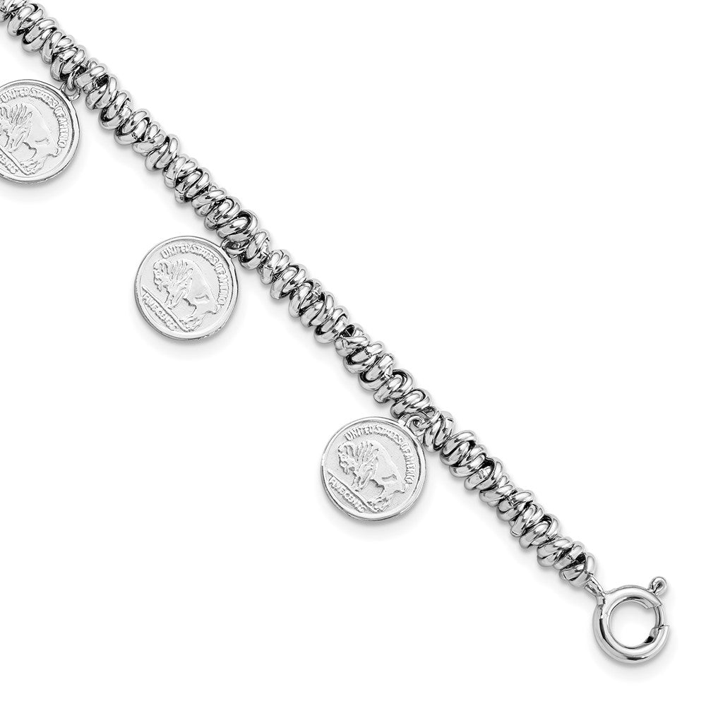 Sterling Silver Rhodium-plated Polished Coin Charm w/ 2in ext. Bracelet