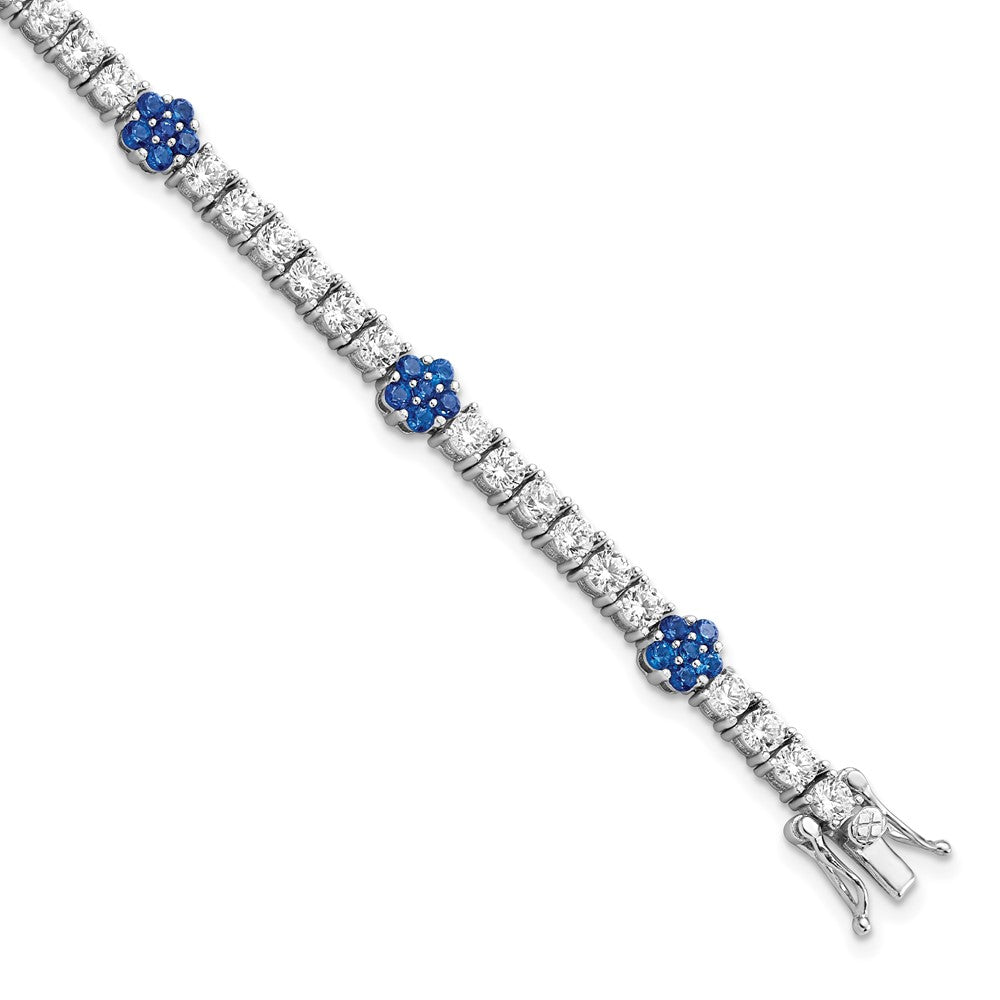 Sterling Silver Rhodium-plated Cr Blue Spinel & CZ Flower 7in Bracelet