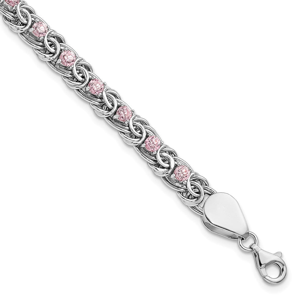 Sterling Silver Rhodium-plated Polished Pink CZ Flat Link 7.5in Bracelet