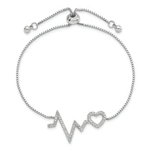 Load image into Gallery viewer, Sterling Silver Polished Rhodium Micro Pav? CZ Heartbeat Adj. Bracelet
