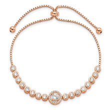 Load image into Gallery viewer, Sterling Silver Rose-tone Bezel Set CZ &amp; CZ Halo Adjustable Bracelet
