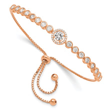 Load image into Gallery viewer, Sterling Silver Rose-tone Bezel Set CZ &amp; CZ Halo Adjustable Bracelet
