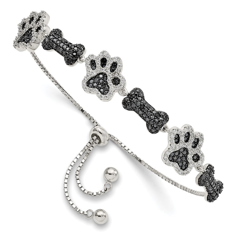 Sterling Silver Polished CZ Paw Print & Dog Bone Adj Bracelet
