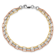 Load image into Gallery viewer, Sterling Silver RH-plate Rose &amp; Yellow-tone Paperclip Link 3-strand Brace
